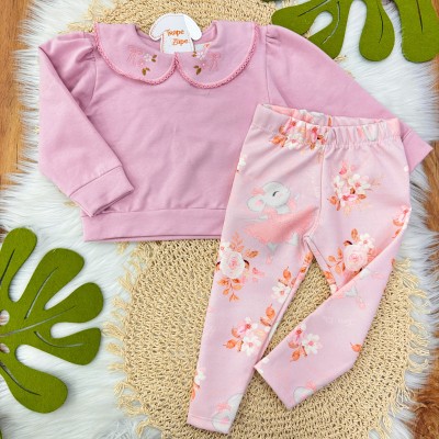 Conj. Casaco Gola Bordada Lacinhos e Calça Legging Ratinhas Bailarinas - Lilás